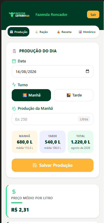 Tela de Produção do Gestor Leiteiro Pro