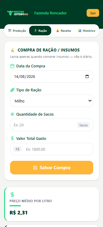 Tela de Ração e Insumos do Gestor Leiteiro Pro