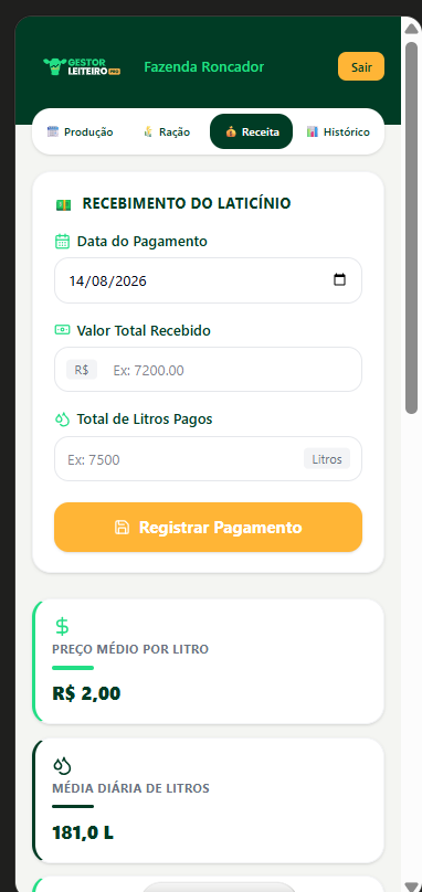 Tela de Receitas do Gestor Leiteiro Pro
