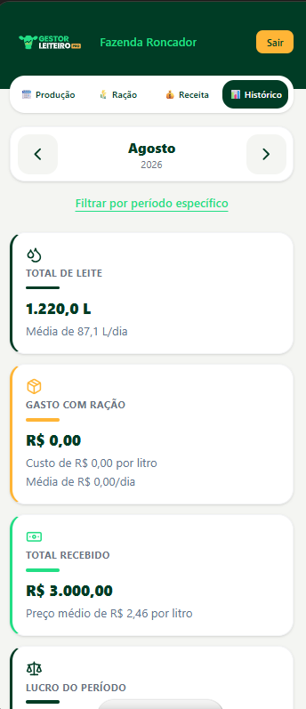 Tela de Histórico do Gestor Leiteiro Pro
