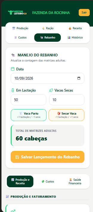 Tela de Manejo do Rebanho do Gestor Leiteiro Pro