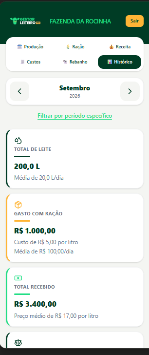 Tela de Histórico e Filtros do Gestor Leiteiro Pro